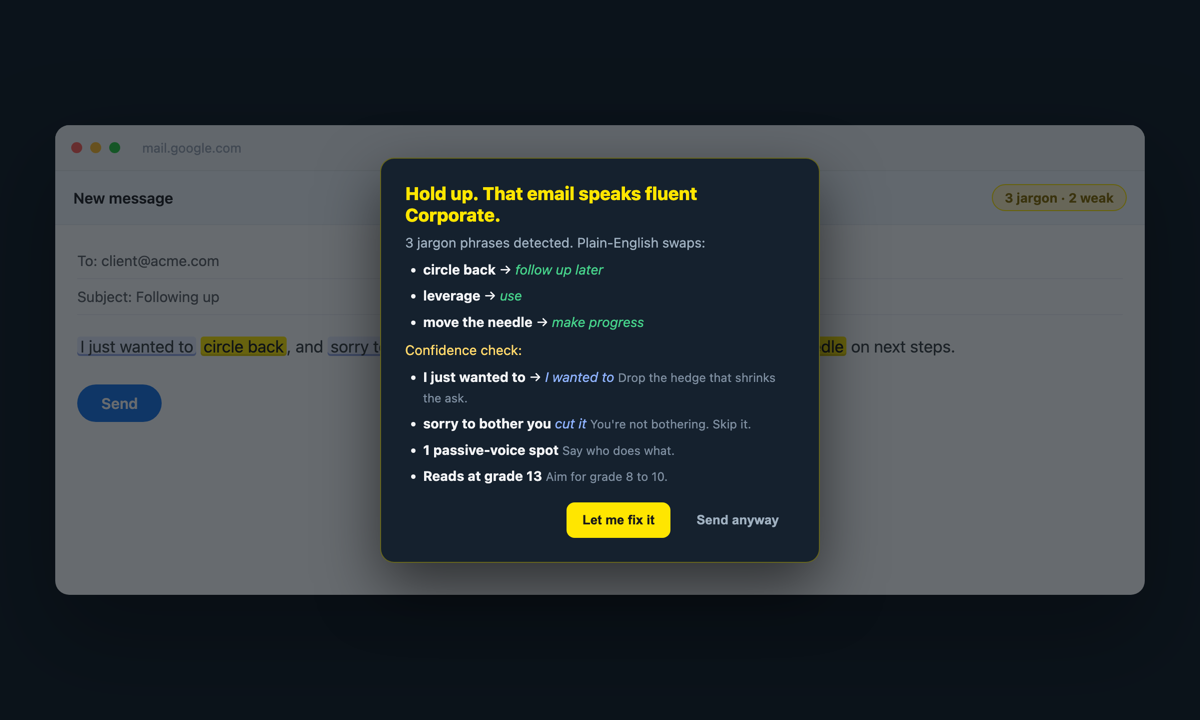 Send-guard showing jargon swaps and a confidence check section
