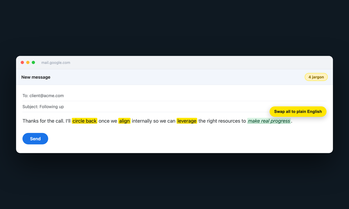 Gmail compose with a jargon counter and a swap-all button