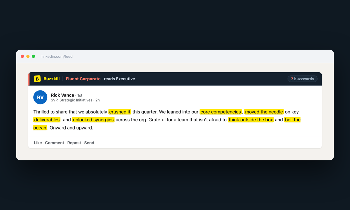 LinkedIn post with a Buzzkill call-out bar and buzzword count
